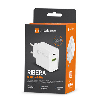 Ładowarka sieciowa Natec RIBERA 20W | 5-12V | 1.5-3.4A | 1 x USB QC 3.0 | 1 x USB Typu C PD | Biała