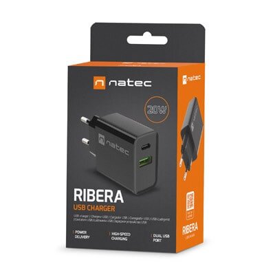 Ładowarka sieciowa Natec RIBERA 20W | 5-12V | 1.5-3.4A | 1 x USB QC 3.0 | 1 x USB Typu C PD | Czarna