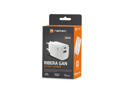 Ładowarka sieciowa Natec RIBERA GAN 30W | 5-12 V | 2.5-3.4A | 1 x USB-C PD | 1x USB-A | BIAŁA 