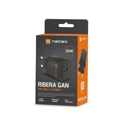 Ładowarka sieciowa Natec RIBERA GAN 30W | 5-12V | 2.5-3.4A | 1 x USB-A QC 3.0 | 1 x USB-C PD | Czarna