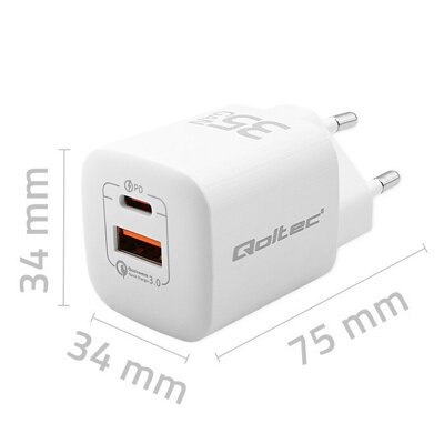 Ładowarka sieciowa Qoltec 50763 35W GaN ULTRA | 5-20V | 2.25-3A | 1 x USB typ C PD | 1 x USB QC 3.0 | Biała