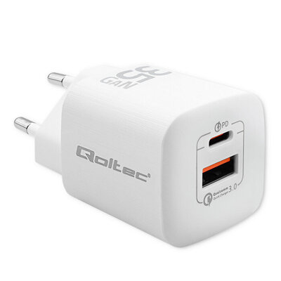 Ładowarka sieciowa Qoltec 50763 35W GaN ULTRA | 5-20V | 2.25-3A | 1 x USB typ C PD | 1 x USB QC 3.0 | Biała