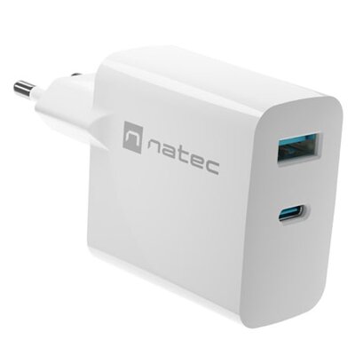 Natec RIBERA GaN 65W | 5-20V | 1.5-3.25A | 1 x USB QC 3.0 | 1 x USB Typu C PD | Biała