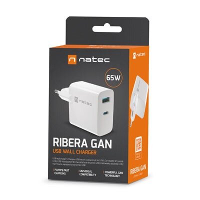 Natec RIBERA GaN 65W | 5-20V | 1.5-3.25A | 1 x USB QC 3.0 | 1 x USB Typu C PD | Biała